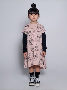 Nununu Girls Scribbled Skulls 360 Dress Pink Black Girls 10-11 Streetwear Goth